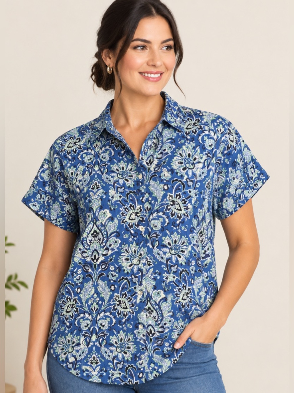 NWT Soft Sorroundings Blue Floral Short-Sleeve Button Polo Top M